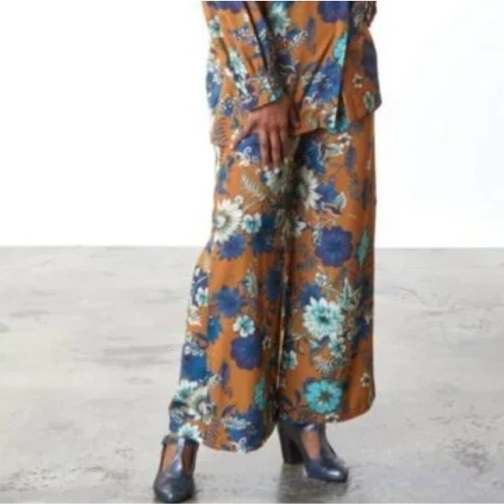 NWOT BRYN WALKER Floral Pull On Pants Orange Brown Blue Wide Leg Flowy Medium